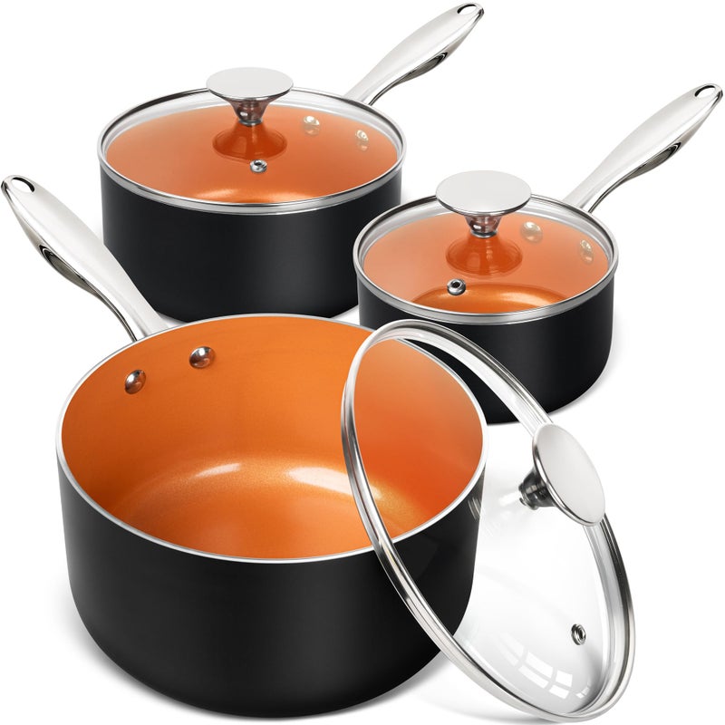 MICHELANGELO Sauce Pan Set, Ultra Nonstick Saucepan Set of 3, Ceramic Saucepans with Lids, 1 Qt & 2 Qt & 3 Qt Small Pot Set, Copper Sauce Pan with Lid - Image 1
