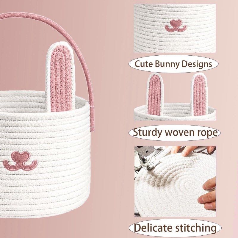 Poschnor Cute Easter Basket, Large Easter Bunny Basket, Woven Cotton Rope Baby Egg Easter Baskets for Girls, Boys, Toddler, Babies, Infant, with Gift Bags and Ribbons, Pink - Image 5