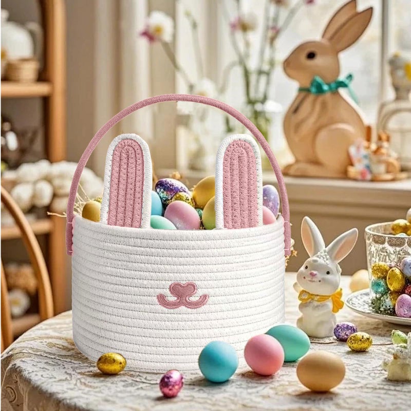 Poschnor Cute Easter Basket, Large Easter Bunny Basket, Woven Cotton Rope Baby Egg Easter Baskets for Girls, Boys, Toddler, Babies, Infant, with Gift Bags and Ribbons, Pink - Image 4