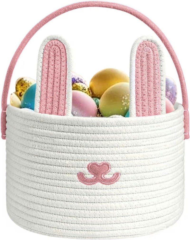 Poschnor Cute Easter Basket, Large Easter Bunny Basket, Woven Cotton Rope Baby Egg Easter Baskets for Girls, Boys, Toddler, Babies, Infant, with Gift Bags and Ribbons, Pink - Image 1