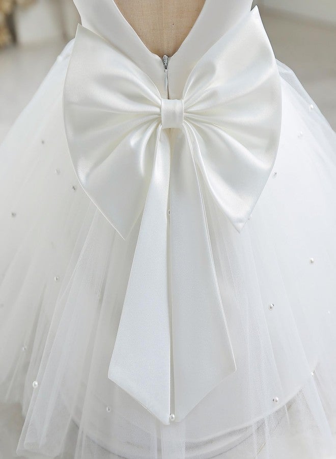 OBEEII Infant Baby Girls Wedding Flower Girl Dress Ruffle Sleeve Satin Pearls Tulle Tutu Dress Bowknot V Back Pageant Party Birthday Formal Gown Baby Girl Christening Baptism Dresses White 12-18 Months - Image 5