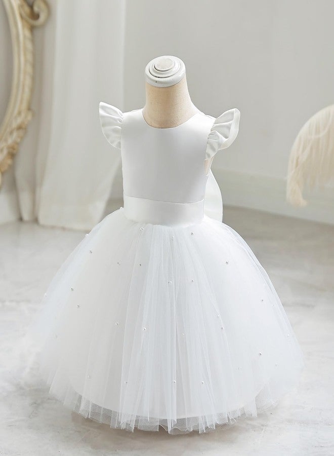 OBEEII Infant Baby Girls Wedding Flower Girl Dress Ruffle Sleeve Satin Pearls Tulle Tutu Dress Bowknot V Back Pageant Party Birthday Formal Gown Baby Girl Christening Baptism Dresses White 12-18 Months - Image 4