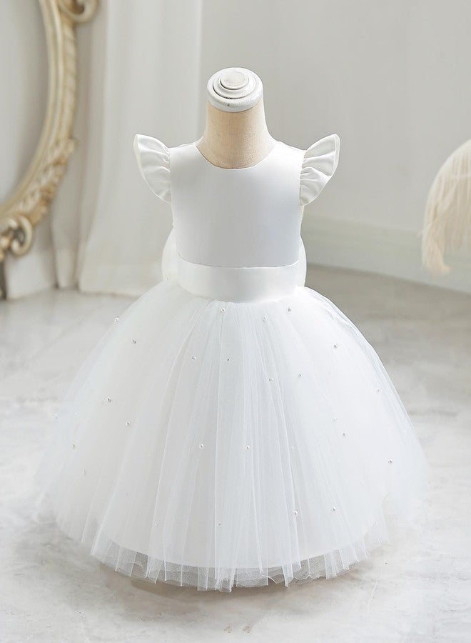 OBEEII Infant Baby Girls Wedding Flower Girl Dress Ruffle Sleeve Satin Pearls Tulle Tutu Dress Bowknot V Back Pageant Party Birthday Formal Gown Baby Girl Christening Baptism Dresses White 12-18 Months - Image 2