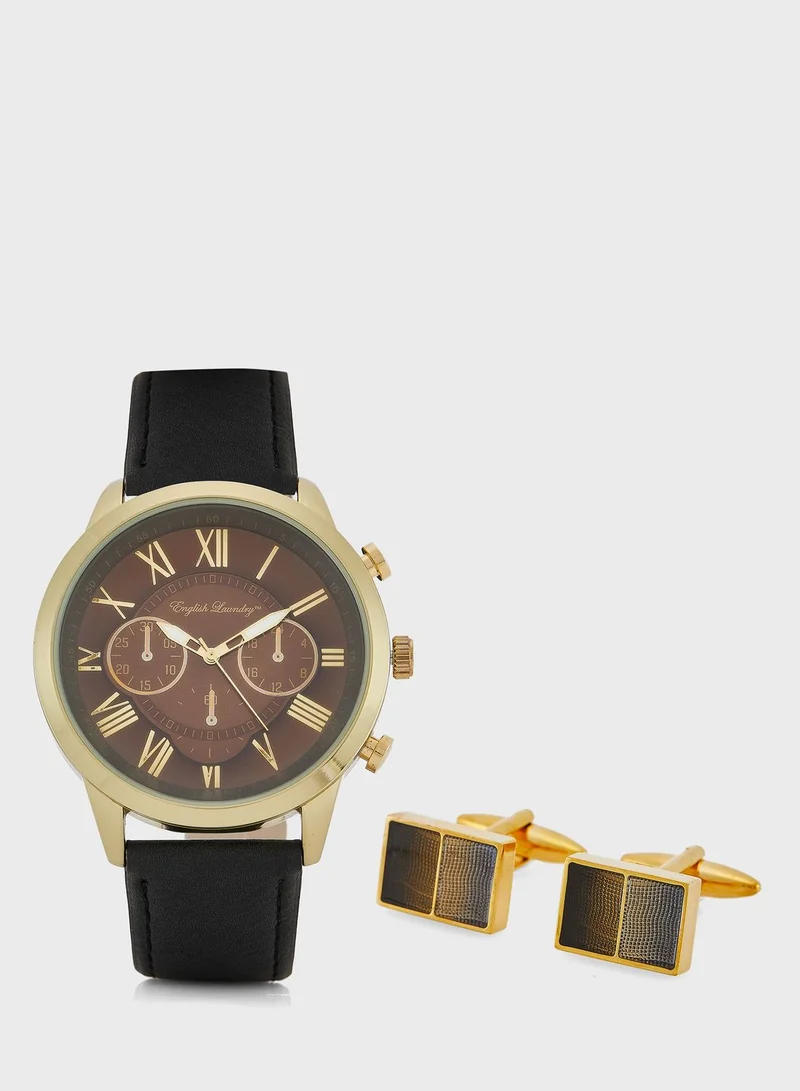 English Laundry Pu Strap Analog Watch & Cuff Links Set