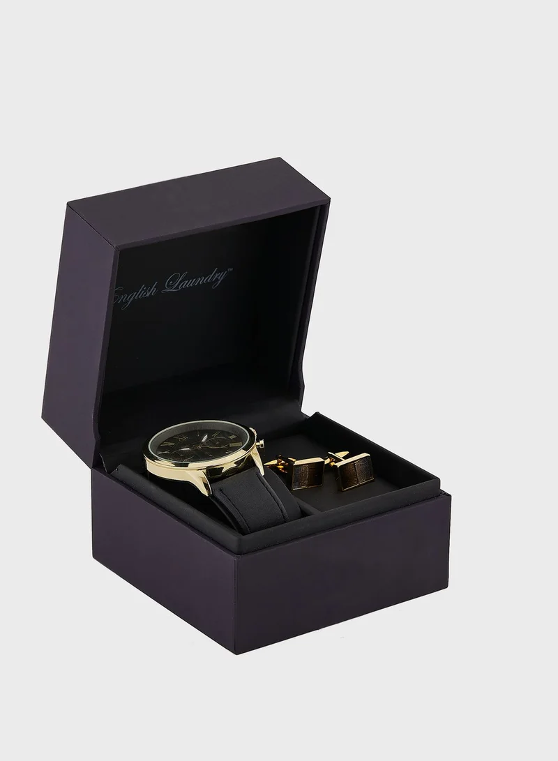 English Laundry Pu Strap Analog Watch & Cuff Links Set