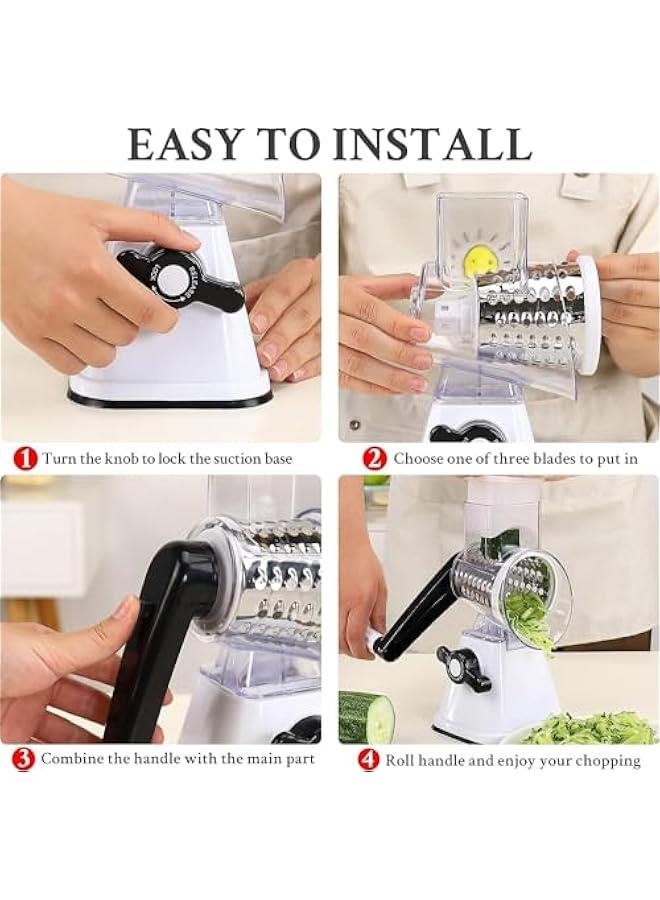 ميكسد مبشرة خضروات دوارة يدوية من تراسل، 3 شفرات قابلة للتبديل، قطاعة خضروات مستديرة لتقطيع المكسرات مع قاعدة شفط قوية، اداة مطبخ (ابيض) - Image 5