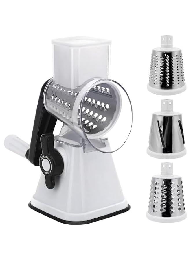 ميكسد مبشرة خضروات دوارة يدوية من تراسل، 3 شفرات قابلة للتبديل، قطاعة خضروات مستديرة لتقطيع المكسرات مع قاعدة شفط قوية، اداة مطبخ (ابيض) - Image 1