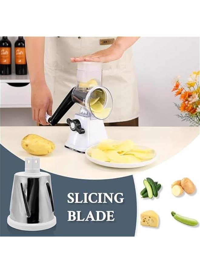 ميكسد مبشرة خضروات دوارة يدوية من تراسل، 3 شفرات قابلة للتبديل، قطاعة خضروات مستديرة لتقطيع المكسرات مع قاعدة شفط قوية، اداة مطبخ (ابيض) - Image 2