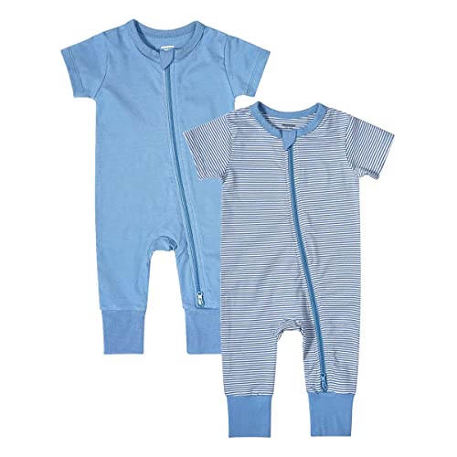 Teach Leanbh Baby Boys Girls 2-Pack Romper Jumpsuits Cotton 2 Way Zipper Short Sleeve Footless Sleep and Play 3-24 Months (Blue, 6-12 Months) - Image 1