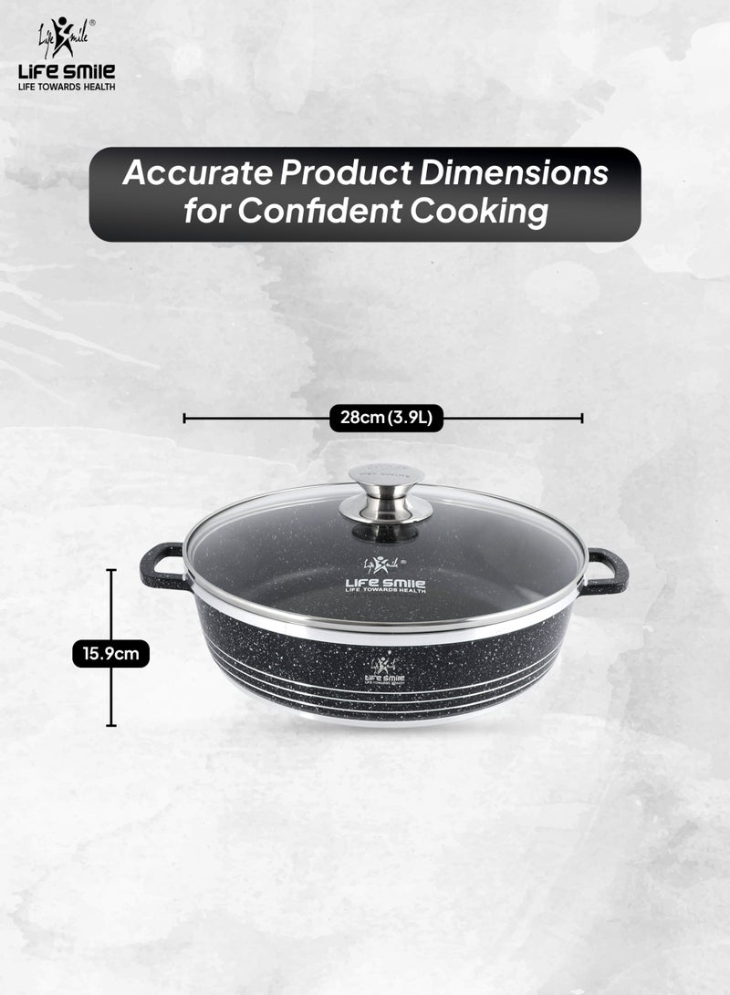 Life Smile 28cm (3.9 Liters) Nonstick Shallow Pot- Cooking Pot - Multi Layer Non Stick Granite Cookware 100% PFOA Free Cookwares- Shallow Pot with Glass Lid & Stainless Steel Rim - Oven safe Pots  - Image 3