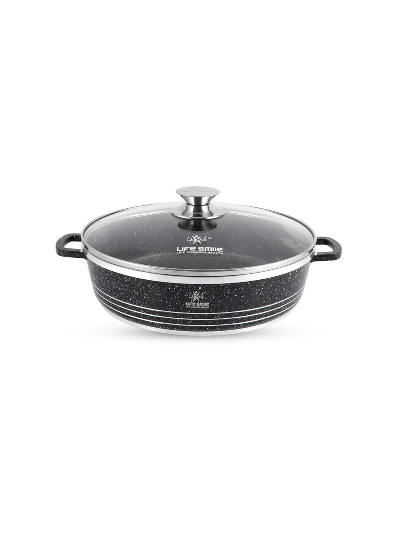 Life Smile 28cm (3.9 Liters) Nonstick Shallow Pot- Cooking Pot - Multi Layer Non Stick Granite Cookware 100% PFOA Free Cookwares- Shallow Pot with Glass Lid & Stainless Steel Rim - Oven safe Pots - Image 1