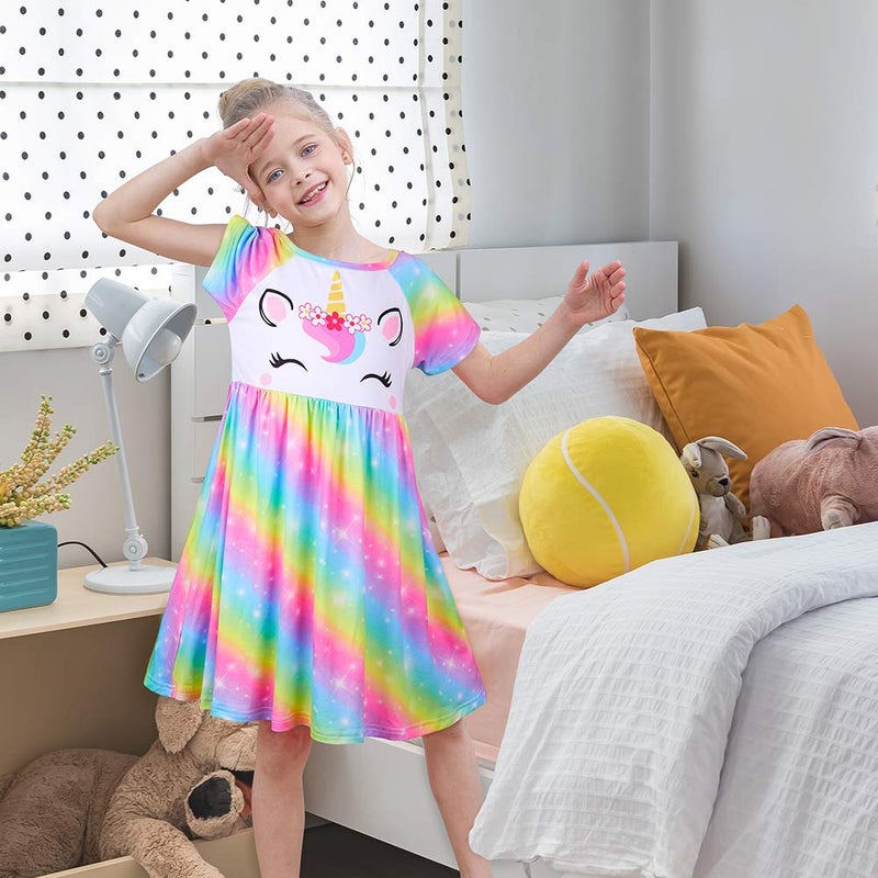 ICOSY Girls Nightgowns Unicorn Dress Pajamas for Kids Toddler Princess Nightgown Dress Unicorn Clothes for Girls Rainbow - Image 2