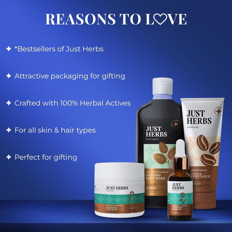Just Herbs مجموعة أدوات العناية Just Herbs للرجال مقشر للوجه والجسم غسول جسم بالفحم زيت لحية إكليل الجبل مجموعة سيروم الشعر - Image 2