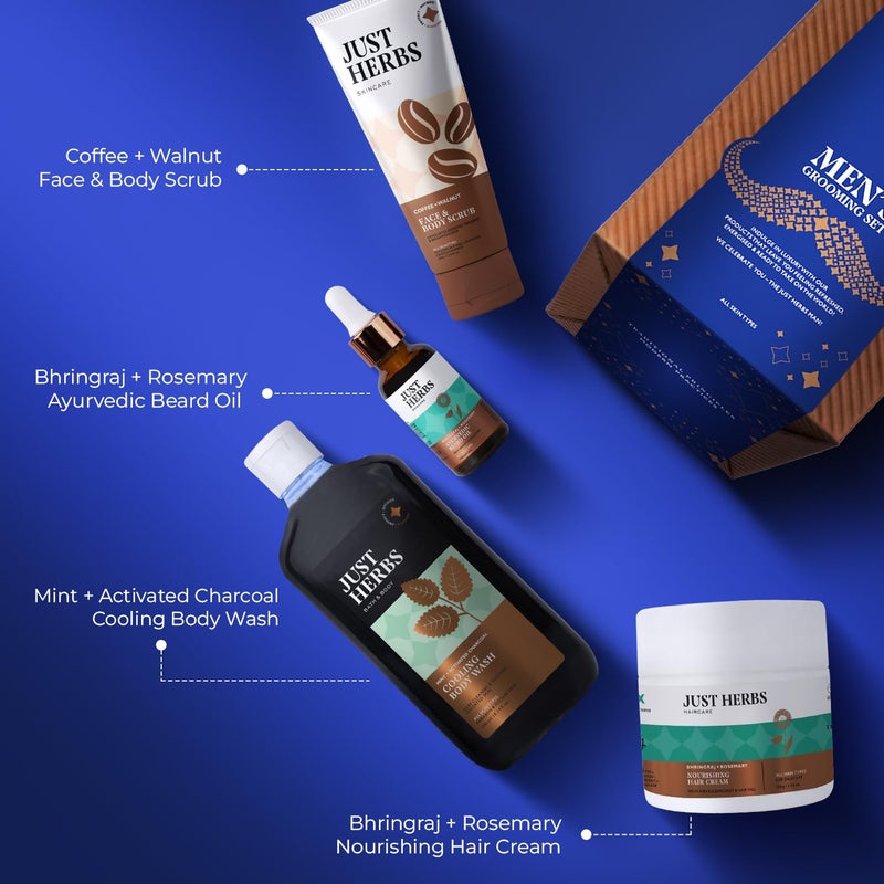 Just Herbs مجموعة أدوات العناية Just Herbs للرجال مقشر للوجه والجسم غسول جسم بالفحم زيت لحية إكليل الجبل مجموعة سيروم الشعر - Image 3