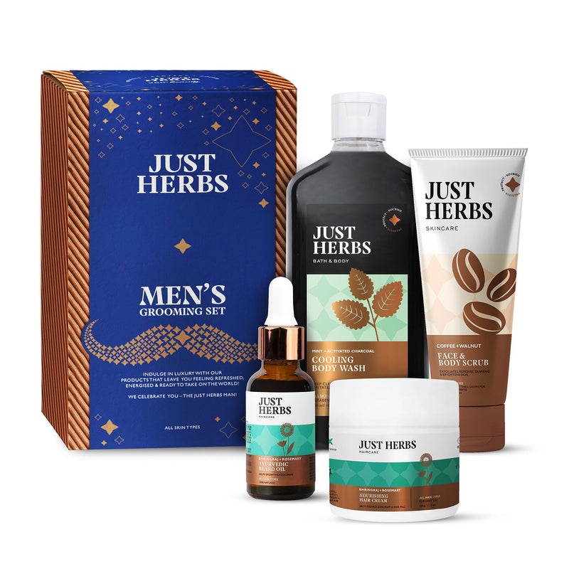 Just Herbs مجموعة أدوات العناية Just Herbs للرجال مقشر للوجه والجسم غسول جسم بالفحم زيت لحية إكليل الجبل مجموعة سيروم الشعر - Image 1