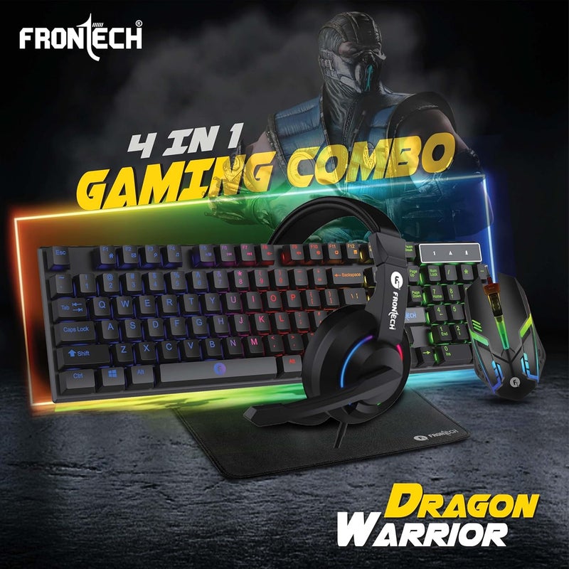 FRONTECH Dragon Warrior 4-in-1 Combo | RGB Backlit Keyboard, 1000 DPI Mouse, Anti-Slip Mousepad & 40mm Driver Headset | Wired USB Set for PC & Laptop (KB-0038, Black) - Image 2