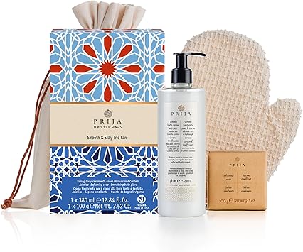 Prija Prija Body Toning Gift Pack with Toning Body Cream 380ml Softening Soap 100g and Smoothing Cotton Bath Glove Vegan Friendly Luxurious Pampering Gift Set in Natural Cotton Bag - Image 1