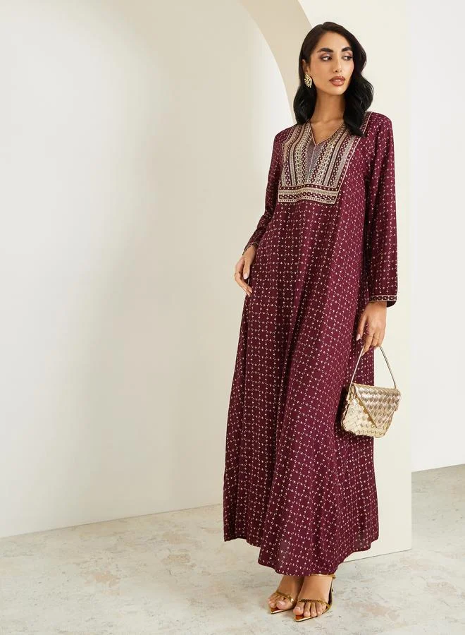 Women Maroon Embroidered Jalabiya