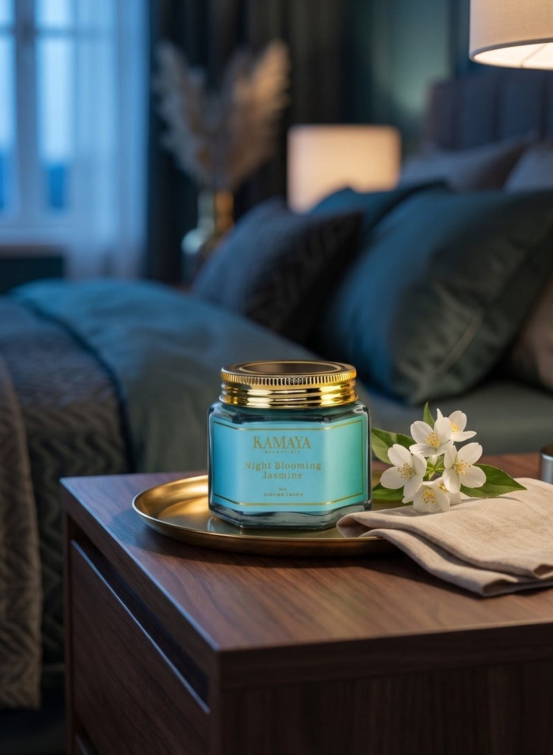 KAMAYA IRIS COLLECTION Night Blooming Jasmine Scented candle with 1 wick | 95 gms with long lasting jasmine fragrance | Clear jar with gold lid - Image 1