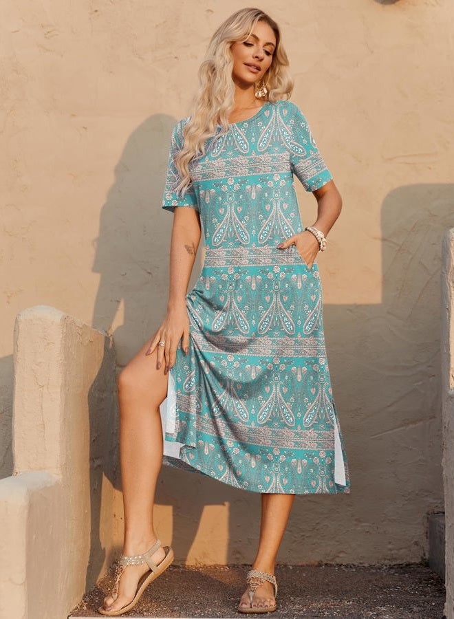 zeagoo Women Floral Summer Dress Casual Beach Dress Printed T Shirt Dress Split Long Dress Travel 2025 Vacation Dress, 01 Green, XL - Image 4