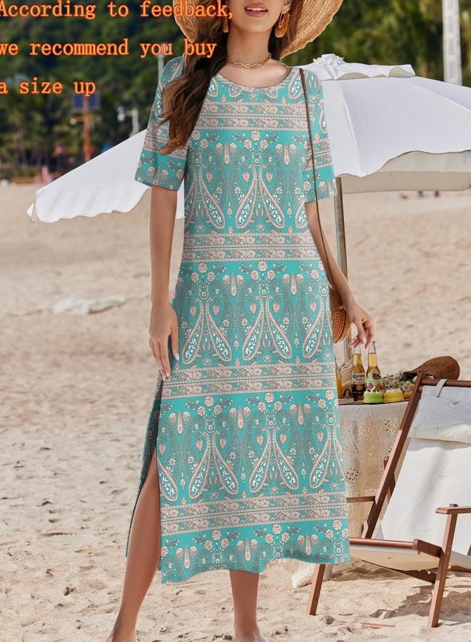 zeagoo Women Floral Summer Dress Casual Beach Dress Printed T Shirt Dress Split Long Dress Travel 2025 Vacation Dress, 01 Green, XL - Image 2