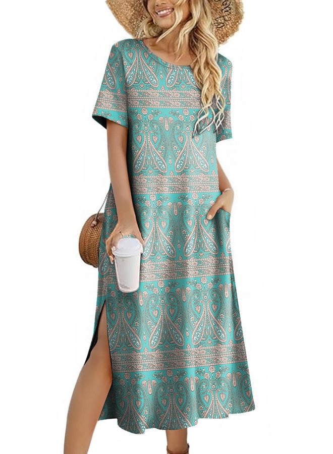 zeagoo Women Floral Summer Dress Casual Beach Dress Printed T Shirt Dress Split Long Dress Travel 2025 Vacation Dress, 01 Green, XL - Image 1