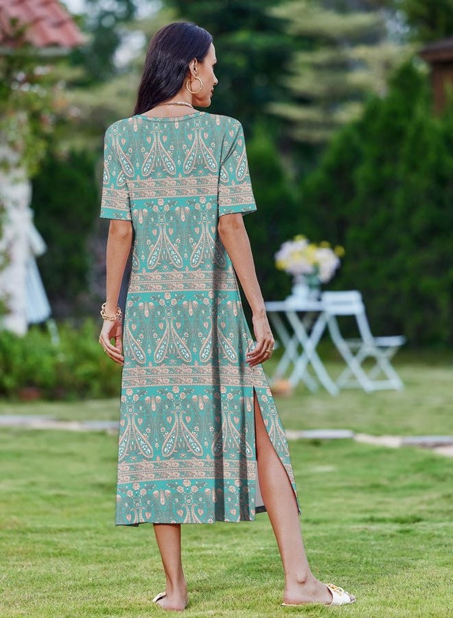 zeagoo Women Floral Summer Dress Casual Beach Dress Printed T Shirt Dress Split Long Dress Travel 2025 Vacation Dress, 01 Green, XL - Image 5