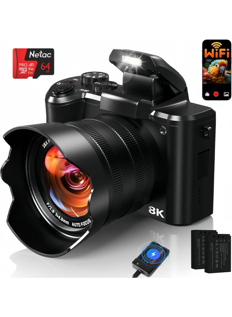 Lecran 8K 88MP Digital Camera for Photography, Touch Screen Vlogging Camera with 16X Zoom, Autofocus Anti-Shake, Dual Lens, Flash, 2 Batteries, 64GB Card - Image 1