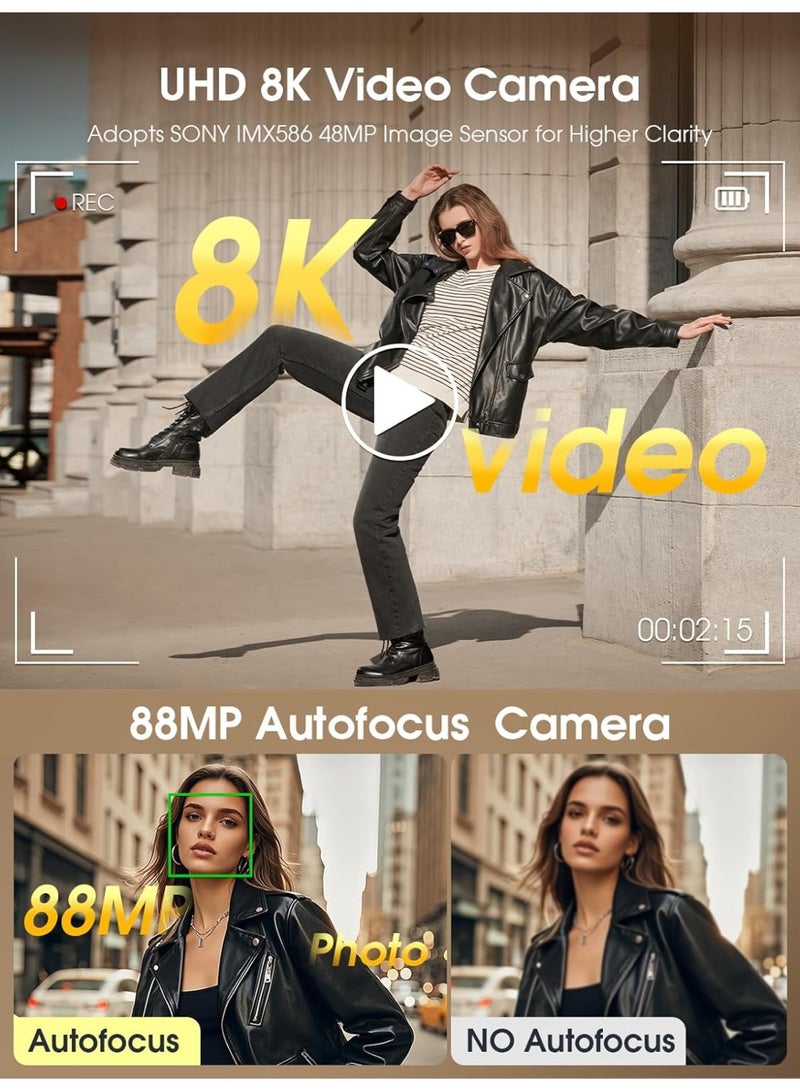 Lecran 8K 88MP Digital Camera for Photography, Touch Screen Vlogging Camera with 16X Zoom, Autofocus Anti-Shake, Dual Lens, Flash, 2 Batteries, 64GB Card - Image 4
