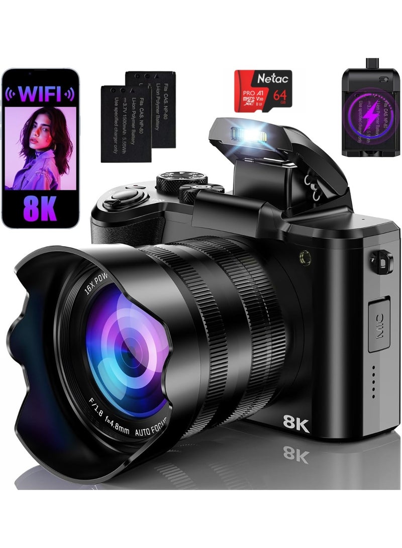 Lecran 8K 88MP Digital Camera for Photography, Touch Screen Vlogging Camera with 16X Zoom, Autofocus Anti-Shake, Dual Lens, Flash, 2 Batteries, 64GB Card - Image 1