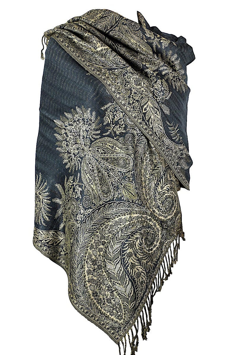 Achillea شال باهظ الثمن من أكيليا ذو طبقتين مزدوجتين بتصميم بايزلي كبير (رمادي فحمي) - Image 1