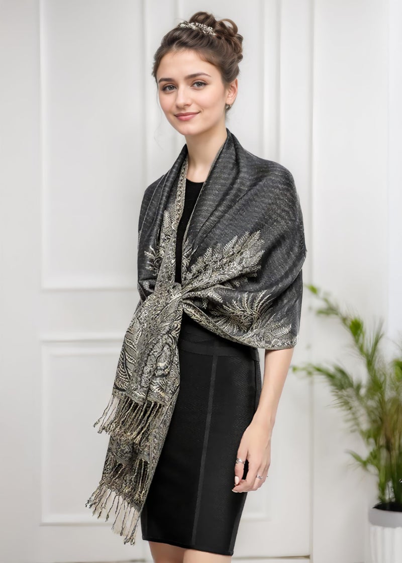 Achillea شال باهظ الثمن من أكيليا ذو طبقتين مزدوجتين بتصميم بايزلي كبير (رمادي فحمي) - Image 3