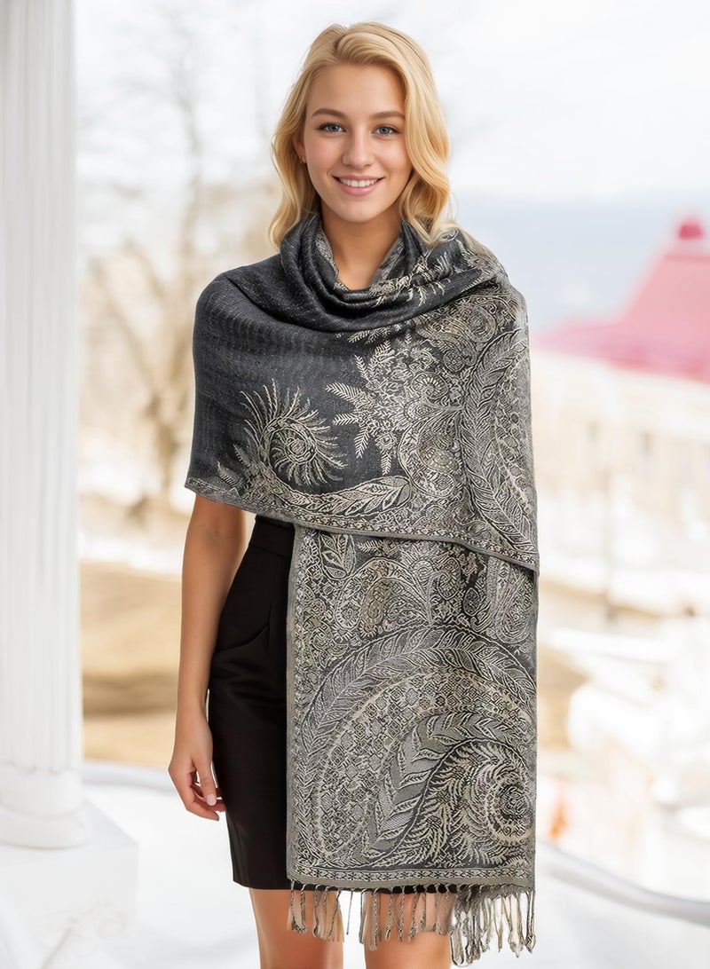 Achillea شال باهظ الثمن من أكيليا ذو طبقتين مزدوجتين بتصميم بايزلي كبير (رمادي فحمي) - Image 2