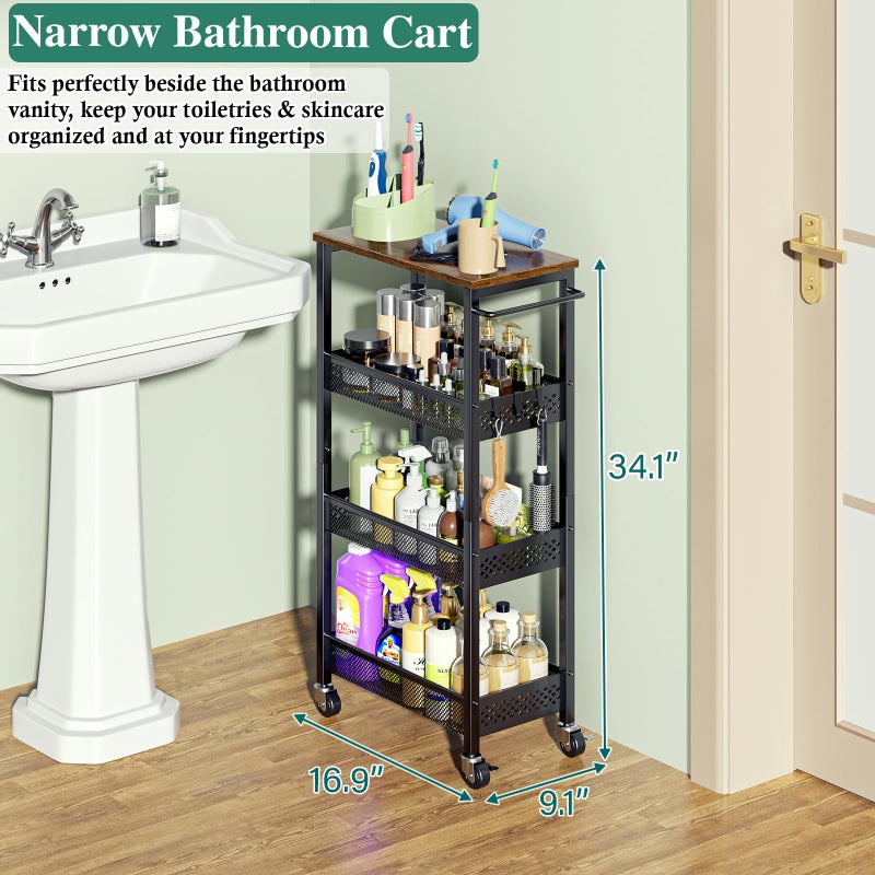 OKZEST Utility Slim Storage Cart, 4-Tier Narrow Bathroom Organizer and Storage Cart, Metal Narrow Kitchen Laundry Room Organization Rack with Wood Top, Slim Rolling Shelf with Wheels for Small Space - Image 2