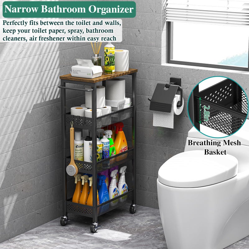 OKZEST Utility Slim Storage Cart, 4-Tier Narrow Bathroom Organizer and Storage Cart, Metal Narrow Kitchen Laundry Room Organization Rack with Wood Top, Slim Rolling Shelf with Wheels for Small Space - Image 5