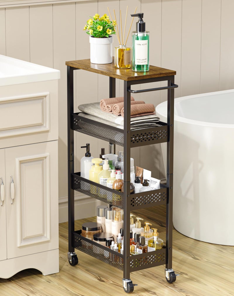 OKZEST Utility Slim Storage Cart, 4-Tier Narrow Bathroom Organizer and Storage Cart, Metal Narrow Kitchen Laundry Room Organization Rack with Wood Top, Slim Rolling Shelf with Wheels for Small Space - Image 1