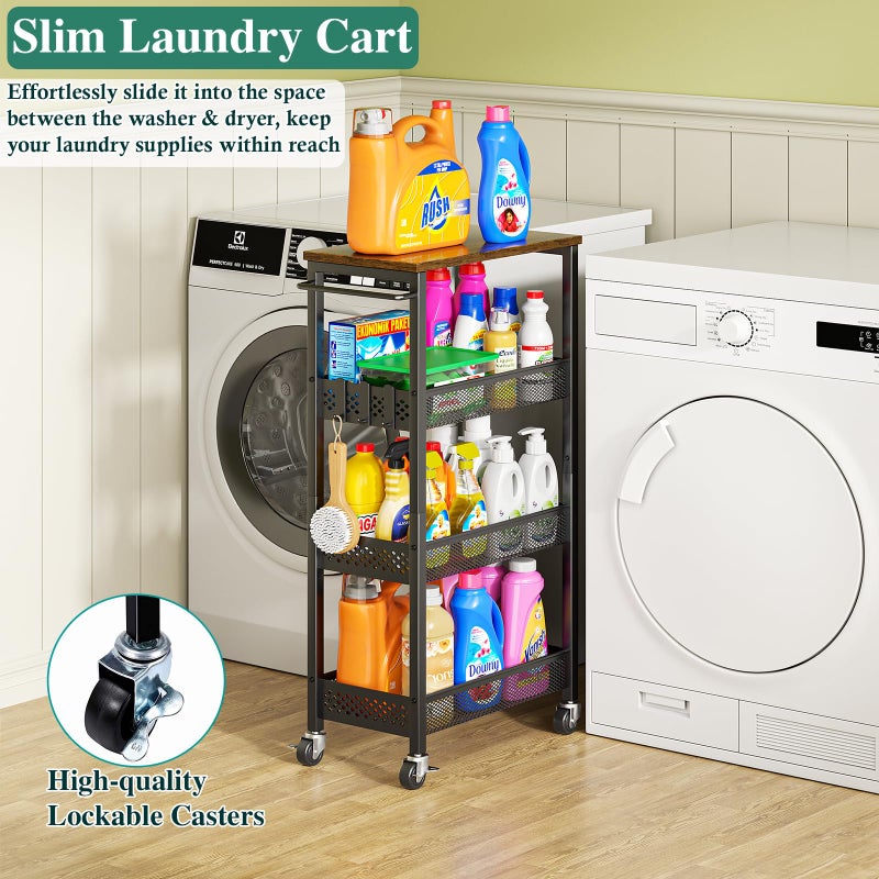 OKZEST Utility Slim Storage Cart, 4-Tier Narrow Bathroom Organizer and Storage Cart, Metal Narrow Kitchen Laundry Room Organization Rack with Wood Top, Slim Rolling Shelf with Wheels for Small Space - Image 4