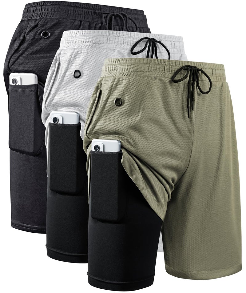 JWJ 3 Pack Men's 2 in 1 Workout Running Shorts 7 Inch Lightweight Athletic Gym Shorts with Compression Liner Black Light Grey Army L - Image 1