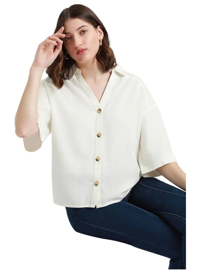 دينيس لينغو Offwhite Shirt for Women - Cotton Viscose Flex, Regular Fit