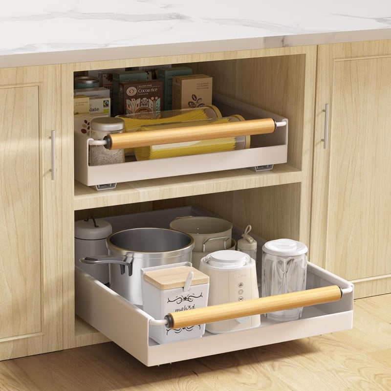Upesitom 2 Pack Pull Out Cabinet Organizer, 15.3'' Deep Expandable Slide Out Cabinet Organizer Fixed with Adhesive Nano Film, Slide Out Drawers Pull Out Tray for Cabinet in Kitchen, Pantry, Bathroom, White - Image 1