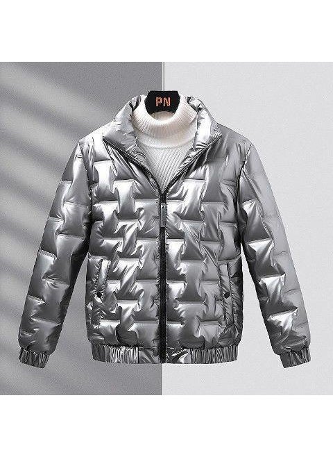 Generic Mens Winter Thickened Warm Cotton-padded Coat Stand Collar Trendy Youth Style Cotton Coat Silver Gray high quality 