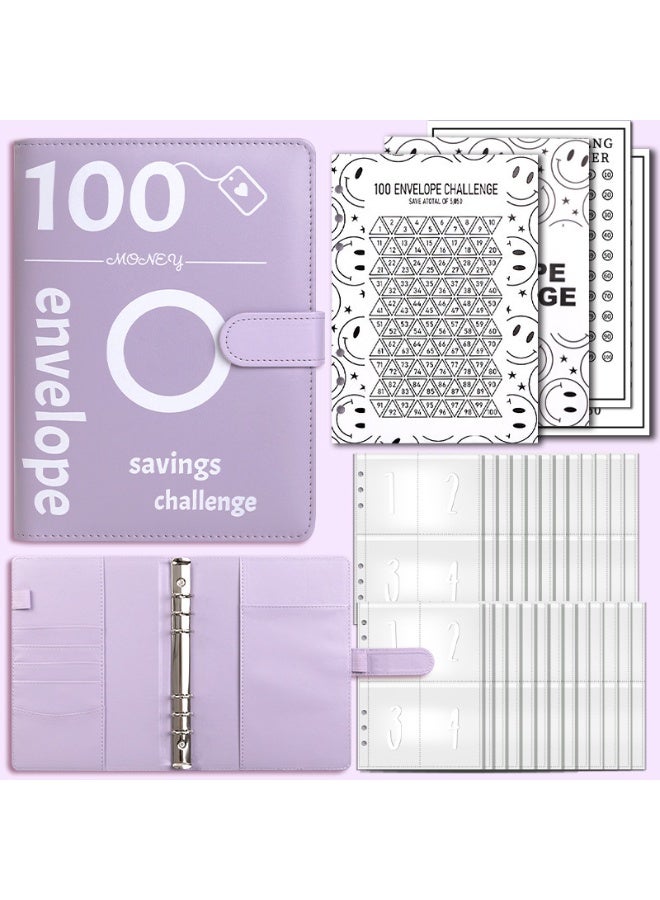 100 Envelopes Money Saving Binder A5 Savings Challenge Book Easy and Fun Way to Save Money—Purple - Image 1