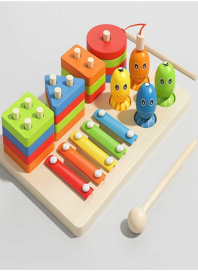 3 in 1 Montessori Wooden Educational Toy, Three in One Column Set, Xylophone, Geometric Shape Stacking & Magnetic Fishing Game, Early Learning Toy for Kids - Image 1