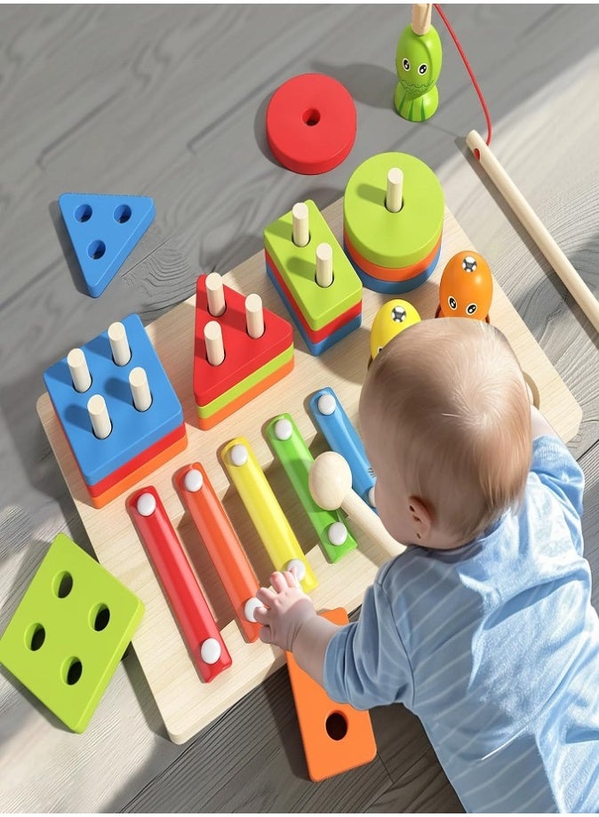 3 in 1 Montessori Wooden Educational Toy, Three in One Column Set, Xylophone, Geometric Shape Stacking & Magnetic Fishing Game, Early Learning Toy for Kids - Image 3