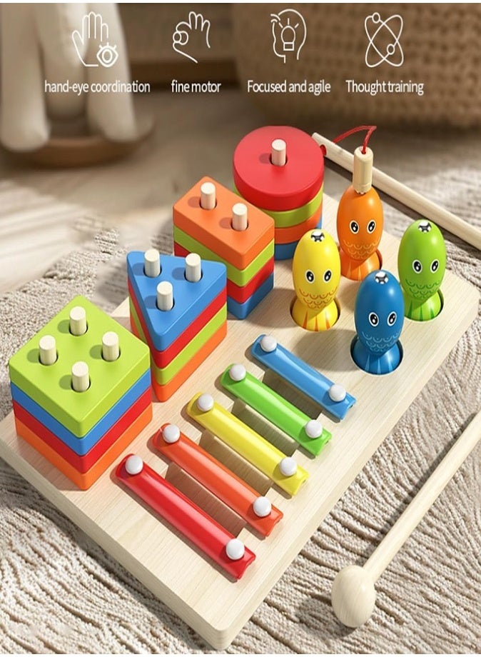 3 in 1 Montessori Wooden Educational Toy, Three in One Column Set, Xylophone, Geometric Shape Stacking & Magnetic Fishing Game, Early Learning Toy for Kids - Image 4