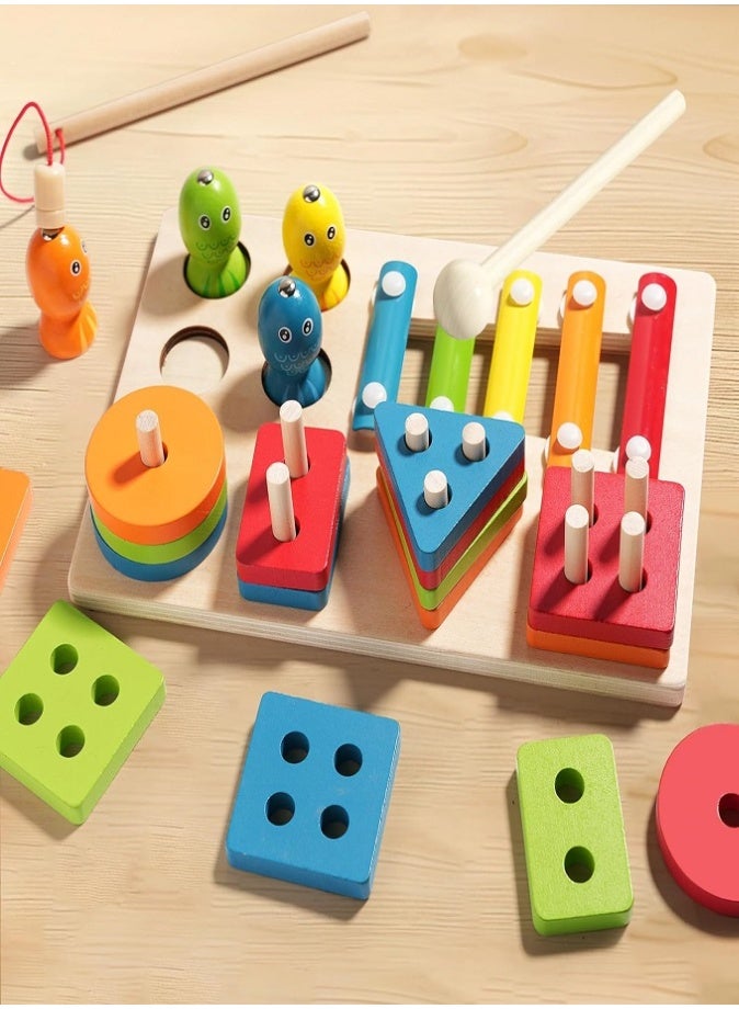3 in 1 Montessori Wooden Educational Toy, Three in One Column Set, Xylophone, Geometric Shape Stacking & Magnetic Fishing Game, Early Learning Toy for Kids - Image 5