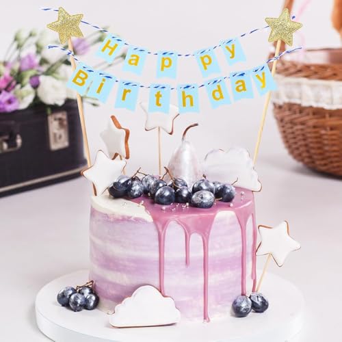 FI - FLICK IN Happy Birthday Cake Topper Birthday Decorations Items Blue with Golden Alphabet Cardstock Banner With Ribbon For Kids(Pack of 1,Blue) - Image 2