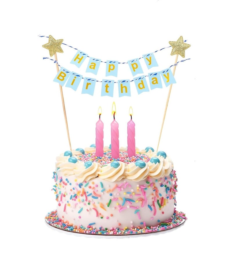 FI - FLICK IN Happy Birthday Cake Topper Birthday Decorations Items Blue with Golden Alphabet Cardstock Banner With Ribbon For Kids(Pack of 1,Blue) - Image 4
