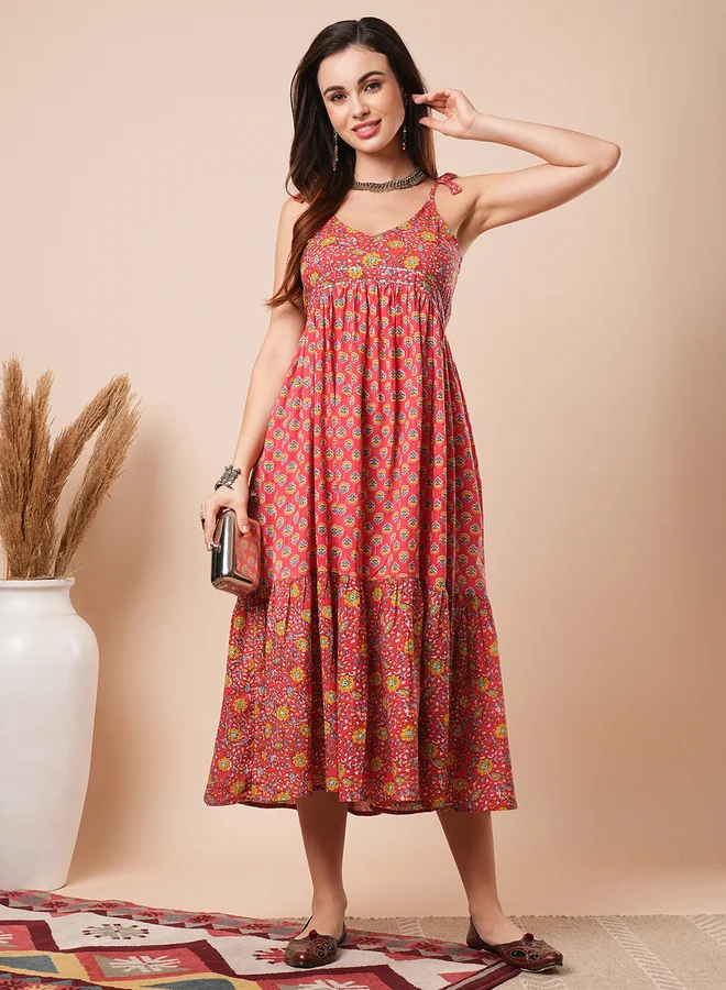 جلو باص Globus Women Red Floral Printed Tie Sleeves A-Line Midi Dress