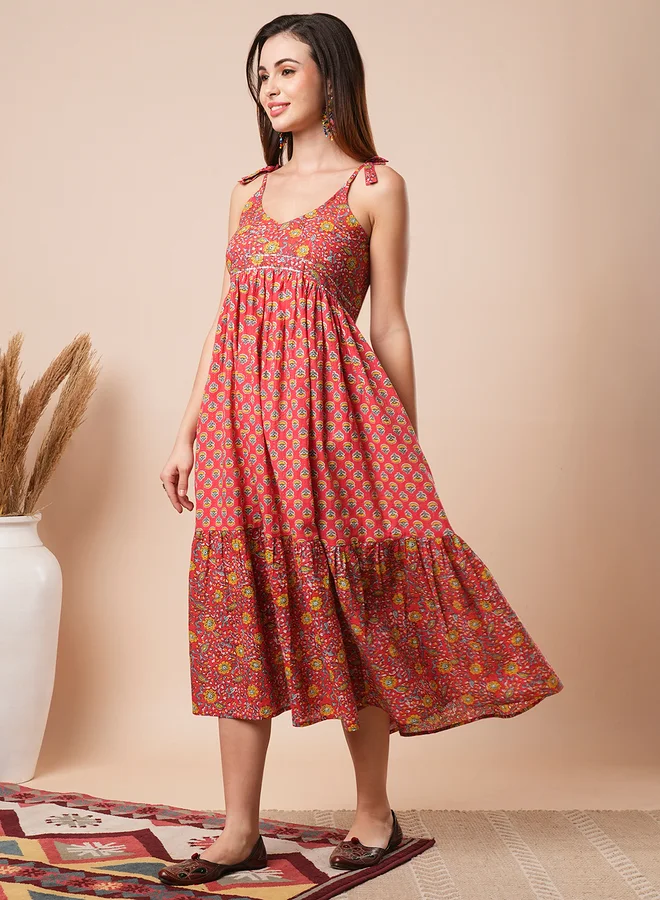 جلو باص Globus Women Red Floral Printed Tie Sleeves A-Line Midi Dress